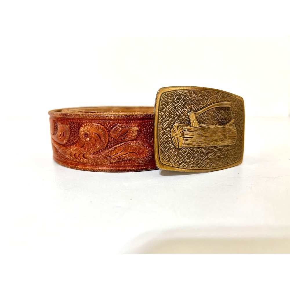 Tool Craft Top Grain Cowhide Leather Carved Tooled Belt Size 40 Brass Buckle